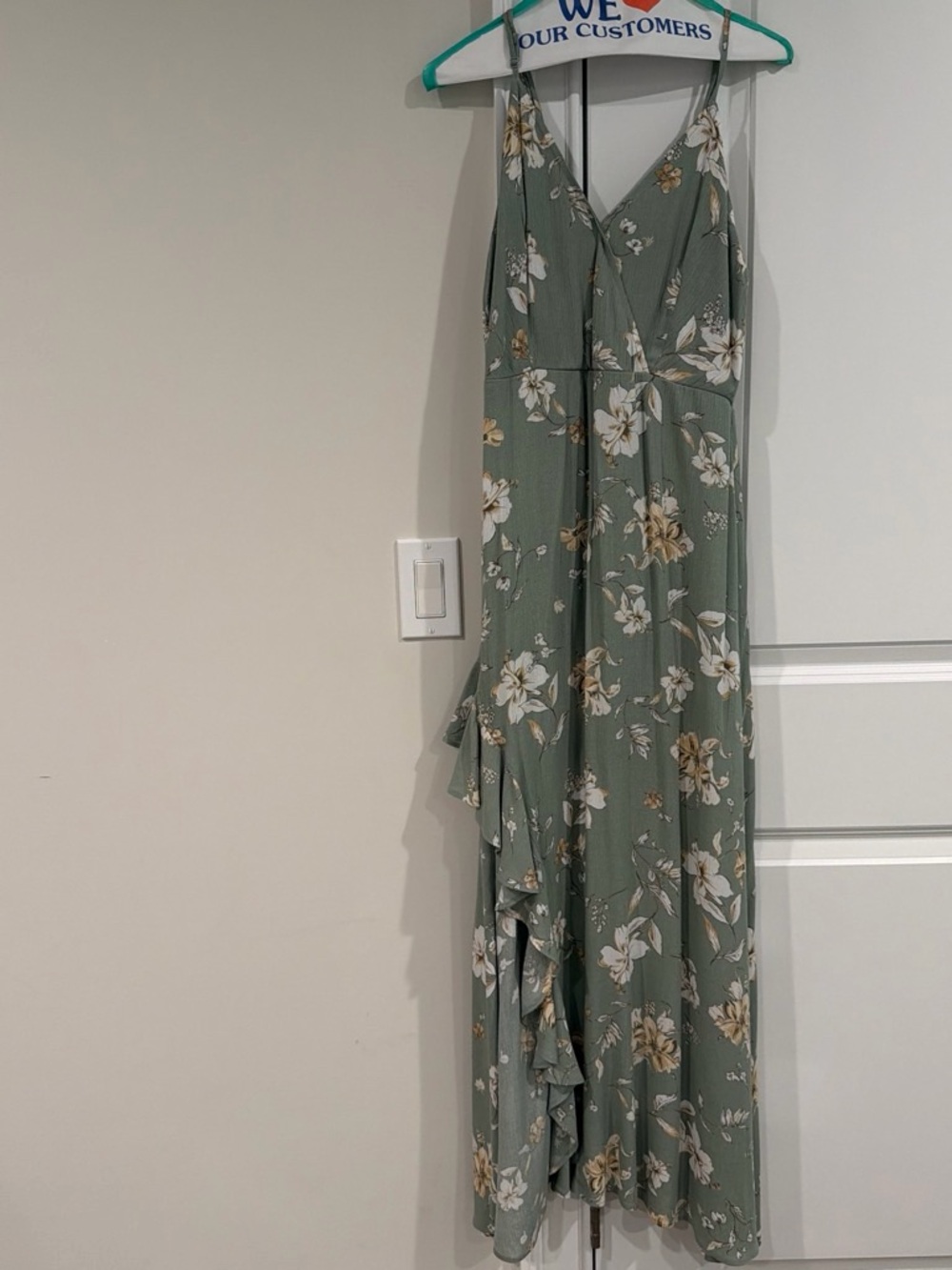 Sage Green Floral Wrap Maxi Dress with Ruffle Hem